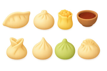 Colorful assorted dumplings on white background: dim sum delight