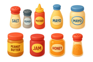 Colorful collection of kitchen condiments in flat style