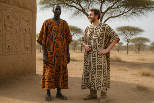 Tourists and local man wearing traditional clothes in africa