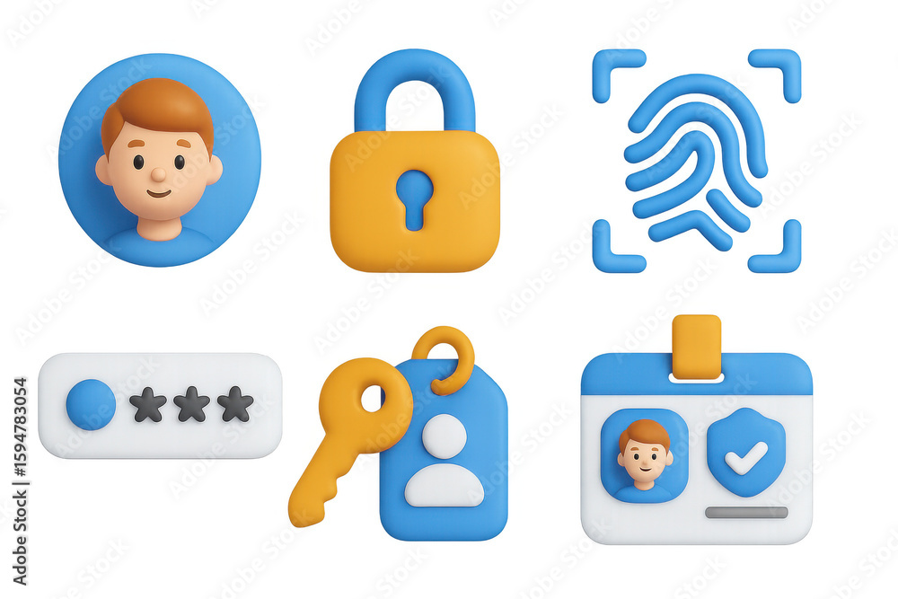 Poster secure digital identity: 3d icons of password, lock, and user identification