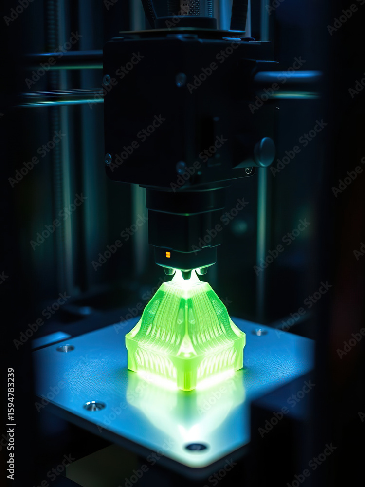 Poster glowing green 3d printed object being created on 3d printer, illuminated by focused light in dark en