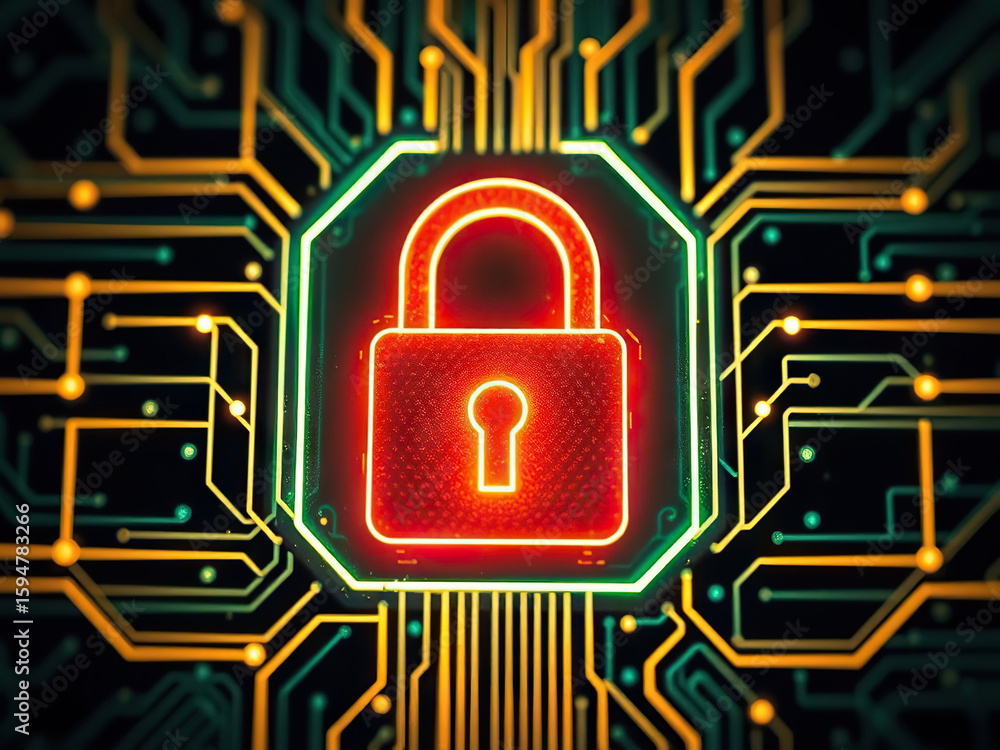 Poster glowing red padlock icon on digital circuit board background symbolizes cybersecurity and data prote