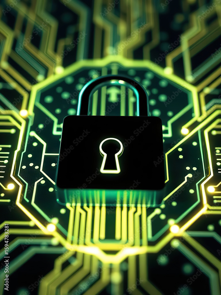 Poster glowing padlock icon on circuit board background symbolizes cybersecurity and data protection