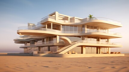 L-shaped luxury apartment building with infinity terrace, against a sand beige background, vivid architectural contrast .