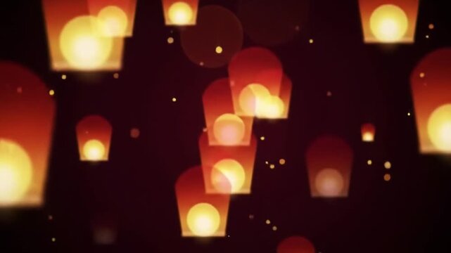 A group of glowing sky lanterns floating upwards in a dark and festive atmosphere with bokeh lights