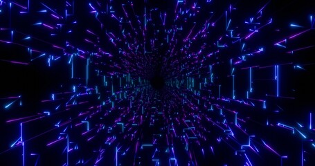 Futuristic glowing neon rotate wireframe cube background. Shining geometric blue lines inside tube in perspective. Bright retro digital cyberspace. 3D rendering.