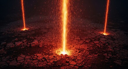 Molten streams erupt from fissures in cracked earth, fiery spectacle.
