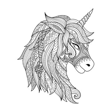 Detailed zentangle unicorn head drawing isolated on white background