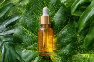 Fototapeta premium Golden serum in a glass dropper bottle rests on lush green tropical leaves with natural light