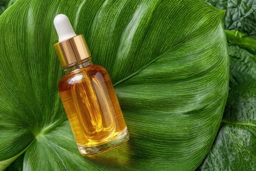 Fototapeta premium Luxurious golden serum in a glass dropper bottle rests on a vibrant green tropical leaf