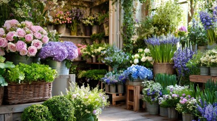 Fototapeta premium Colorful flower arrangements displayed in a flower shop.