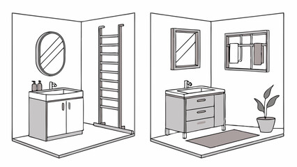 Modern bathroom interior design ideas. Two distinct contemporary layouts with vanities, mirrors, towel racks, and plants for stylish home decor.