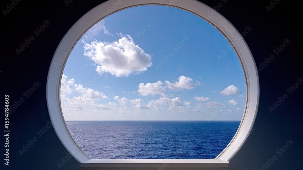 Poster serene ocean view from round window with clear blue sky and clouds over calm waters