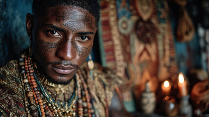Ethnic Man Tattoo Portrait Spiritual Expression Bold Jewelry Traditional Cultural Artsy Beads Mystical Styling Vibrant Warrior History Masculine Identity Artistic Lifestyle Meditation