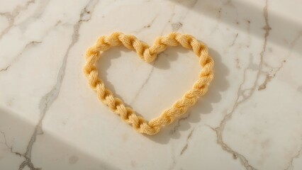 Heartshaped yellow yarn on marble background: a symbol of craft and warmth