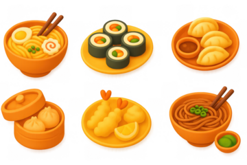 Delicious 3d collection of popular asian dishes including sushi, ramen, dumplings, and tempura