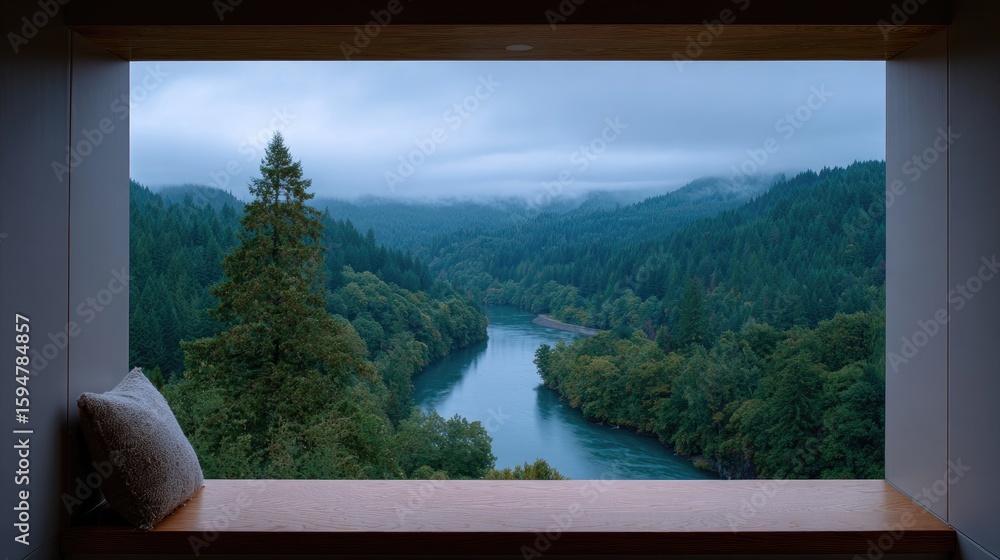 Poster serene view of a river surrounded by lush green forest from a modern window frame on a cloudy day