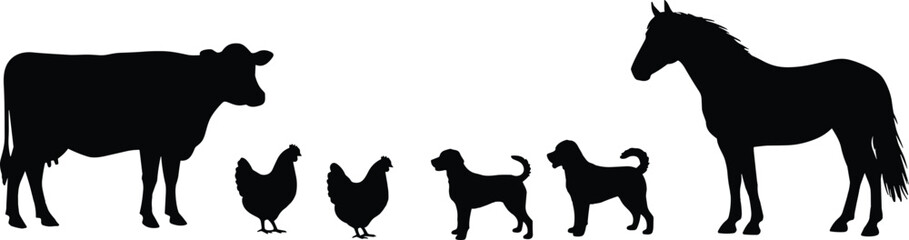 Silhouette of farm animals including cow, horse, chickens, and dogs, ideal for agriculture, farming, animal care, and rural designs.