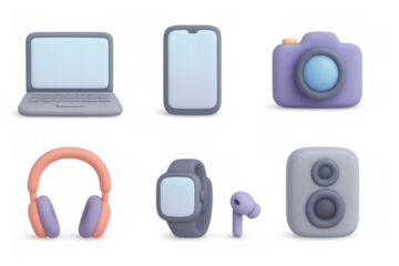 Soft pastel 3d electronics collection: laptop, smartphone, camera, headphones, smartwatch, speaker