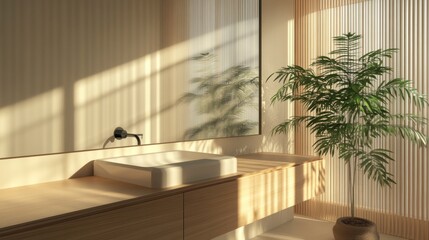 Minimalist bathroom with wooden vanity, sink, mirror, and plant, sunlit.