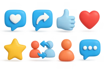 Acrylglasbilder 3D Social media icons set with heart, message, and interaction symbols in 3d style  © Ophelia