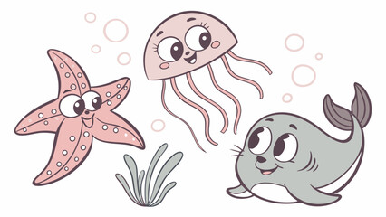 Cute cartoon marine animals illustration with a happy pink starfish smiling jellyfish and adorable gray seal pup in a pastel underwater scene with bubbles.