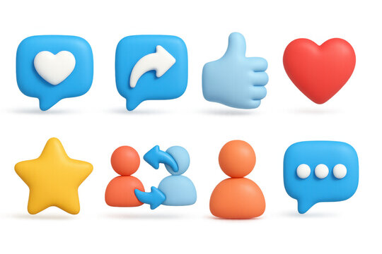 Social media icons set with heart, message, and interaction symbols in 3d style