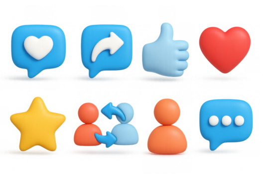 Social media icons set with heart, message, and interaction symbols in 3d style
