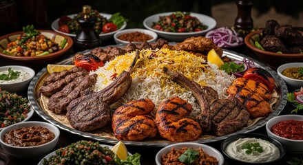 Obraz premium A large platter of various grilled meats, rice, and side dishes, showcasing a Middle Eastern or Mediterranean cuisine feast.