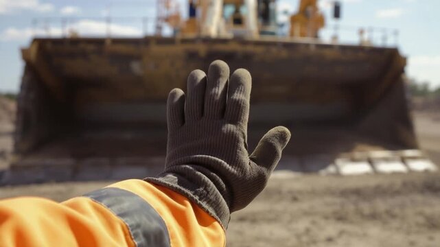 Construction Worker's Gloved Hand Signaling Stop to Heavy Machinery on Dusty Industrial Site, Emphasizing Safety and Caution