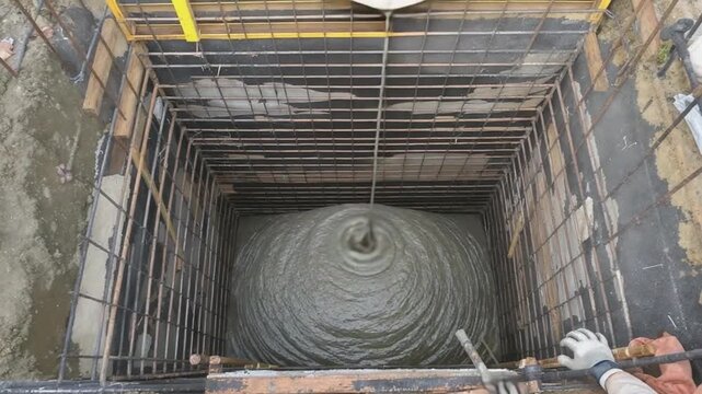 Massive Concrete Pour into Deep Foundation Pit on a Construction Site, Showing Freshly Poured Cement and Reinforcement Structures for Building Deve...