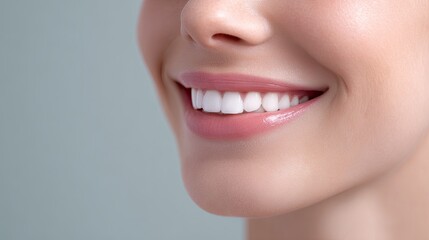 Close-Up of a Beautiful Smile with Healthy White Teeth and Soft Lips Against a Minimalist Background