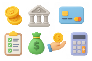 3d financial icons: money, banking, and budget tools for business graphics