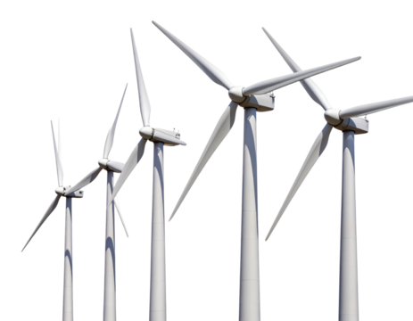  Set of four modern white wind turbines with rotating blades, isolated on transparent background PNG