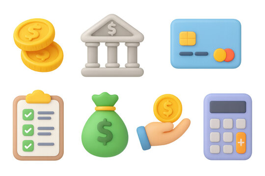 3d financial icons: money, banking, and budget tools for business graphics