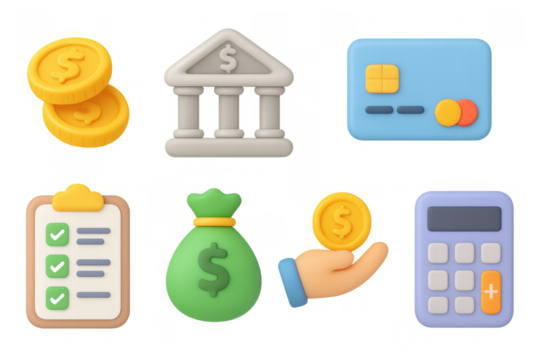 3d financial icons: money, banking, and budget tools for business graphics