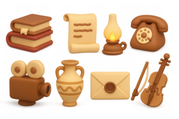 Vintage inspired 3d objects including books, antique phone, scroll, and violin