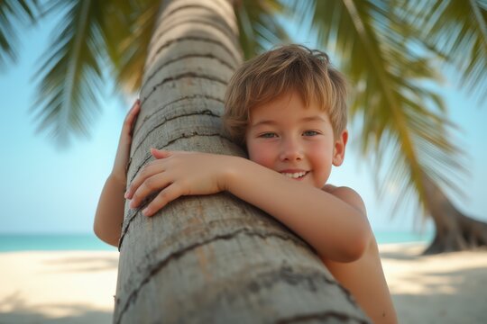 Young boy clinging to the trunk of palm tree on beach