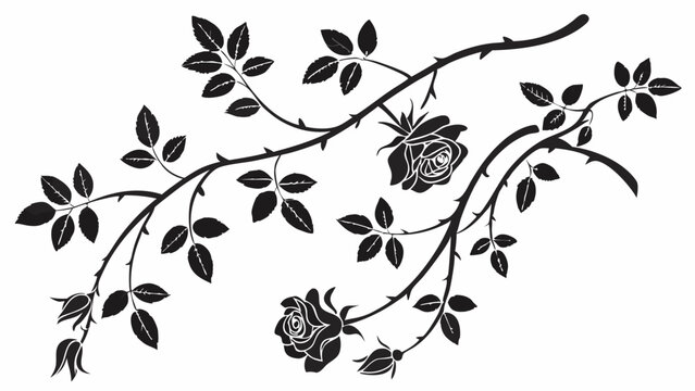 Elegant black and white rose vine silhouette vector artwork with blooming roses, thorny branches, and detailed leaves, perfect for decorative floral designs.