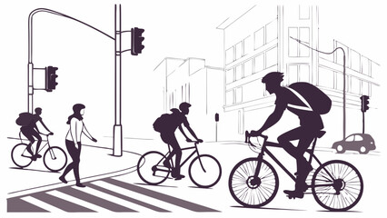 Silhouetted urban cyclists and pedestrians cross a city intersection with traffic lights. Monochrome line art illustration of active, sustainable city commuting.