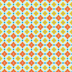 seamless floral pattern Geometric graphic pattern arranged in a regular repeating pattern. Orange flowers, yellow flowers, light blue background. Vintage or classic feel. Suitable for use as a fabric 