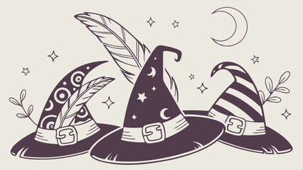 Whimsical hand drawn duotone illustration of three unique witch hats with stars, moon, feathers, and stripes, perfect for enchanting Halloween magic and fantasy designs.
