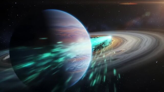 A gas giant planet's atmosphere is drawn into the powerful gravitational pull of a black hole's accretion disk