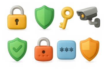 3d security icons set: locks, shields, key, and camera for cyber protection