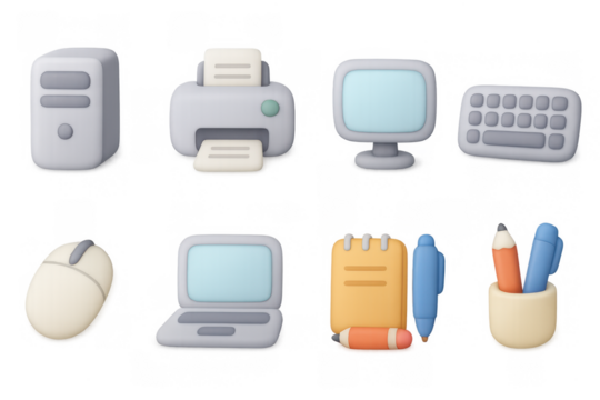 3d office icons: desktop, keyboard, laptop, mouse, printer, stationery