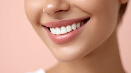 Obraz premium Close-Up Image of a Young Woman's Beautiful Smile Highlighting Healthy Teeth and Radiant Skin Against a Soft Pink Background