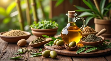 Glass bottle of golden olive oil with green olives and herbs in rustic bowls on wooden table image