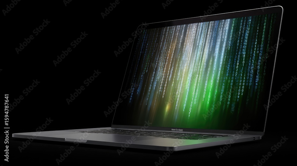 Aufkleber high-tech laptop displaying digital matrix with vibrant green and blue data streams on sleek black b