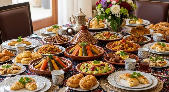 A lavishly arranged table displays a vibrant assortment of delicious, traditional dishes.
