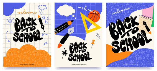 back to school set of cards or posters, autumn eve cover, ads, hand drawn , modern, creative vector illustration